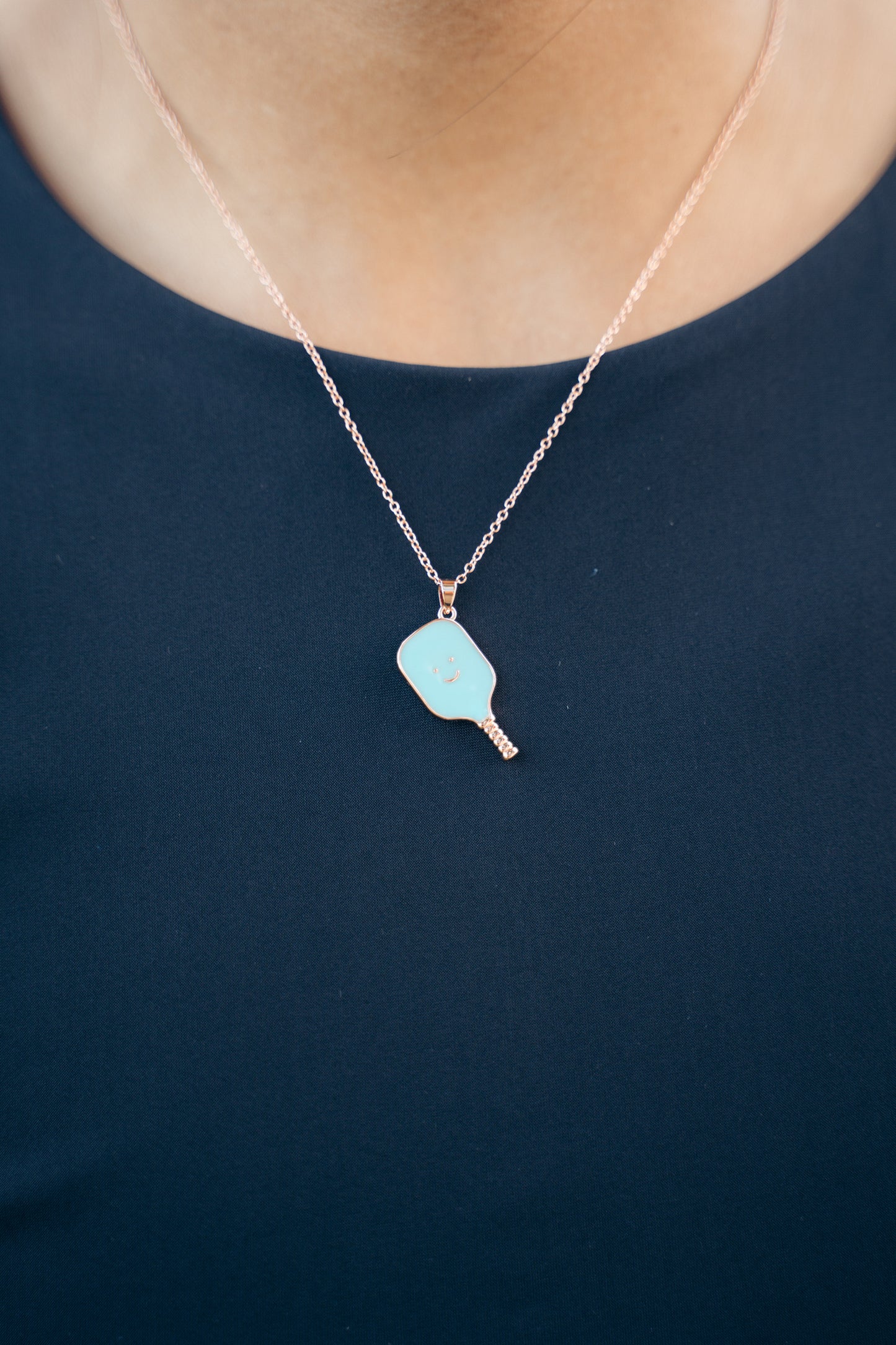 Pickleball Happy Face Necklace in Rose Gold [Tiffy Blue]