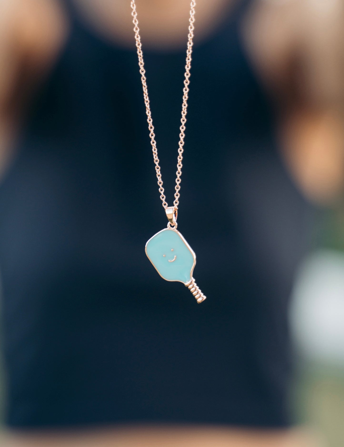 Pickleball Happy Face Necklace in Rose Gold [Tiffy Blue]