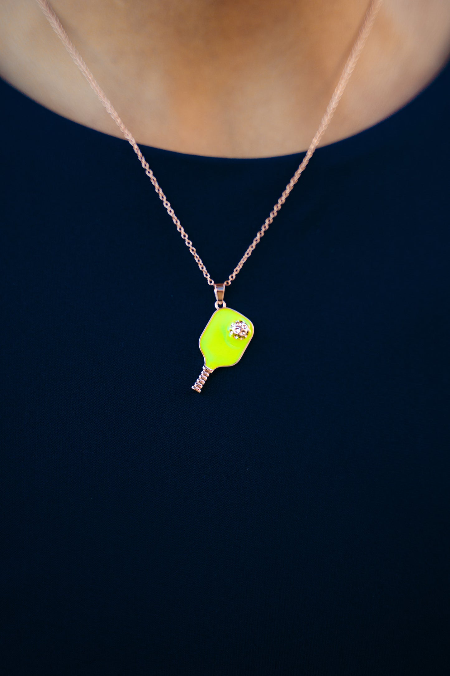 Pickleball Happy Face Necklace in Rose Gold [Neon Green]