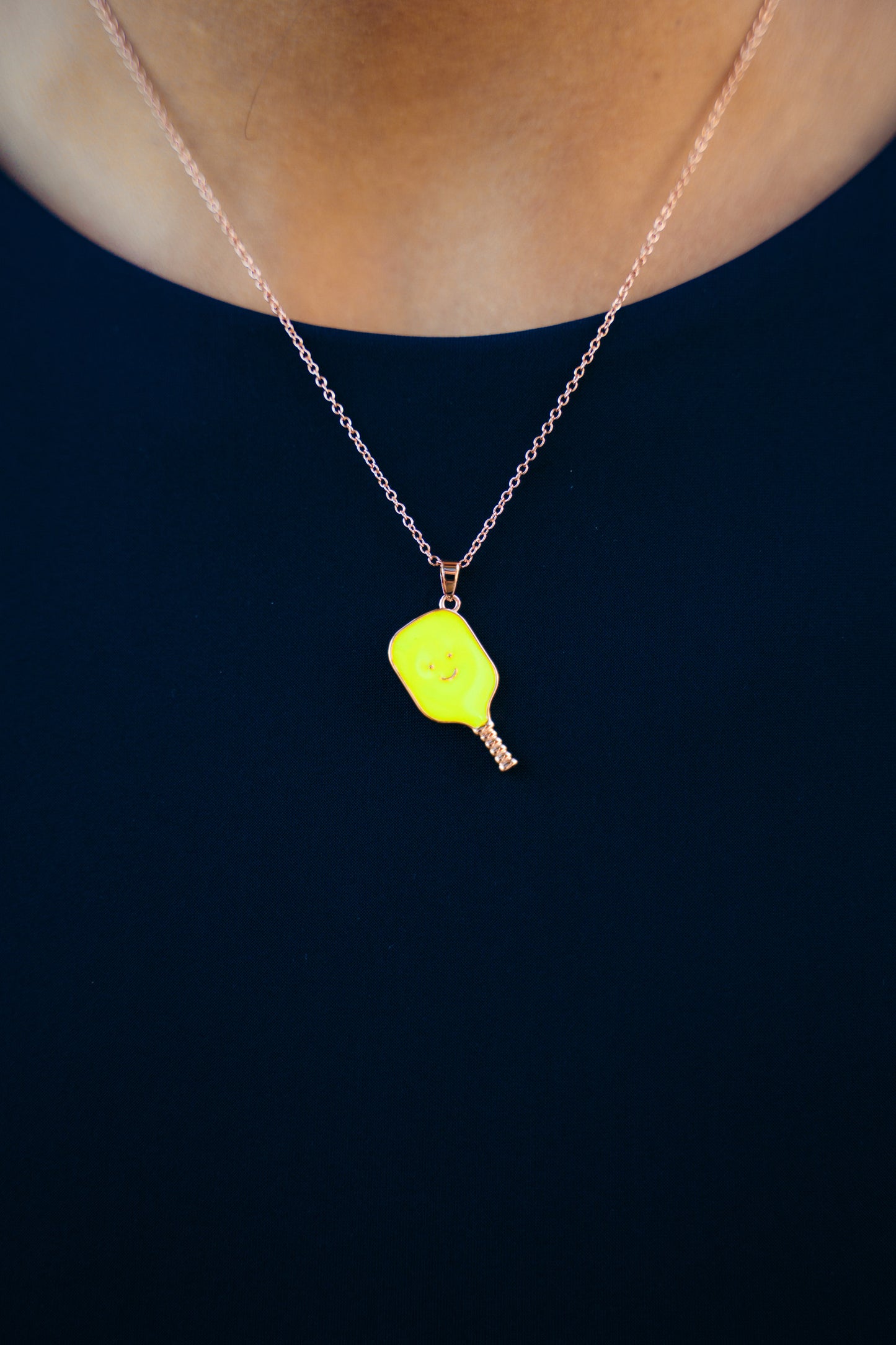 Pickleball Happy Face Necklace in Rose Gold [Neon Green]