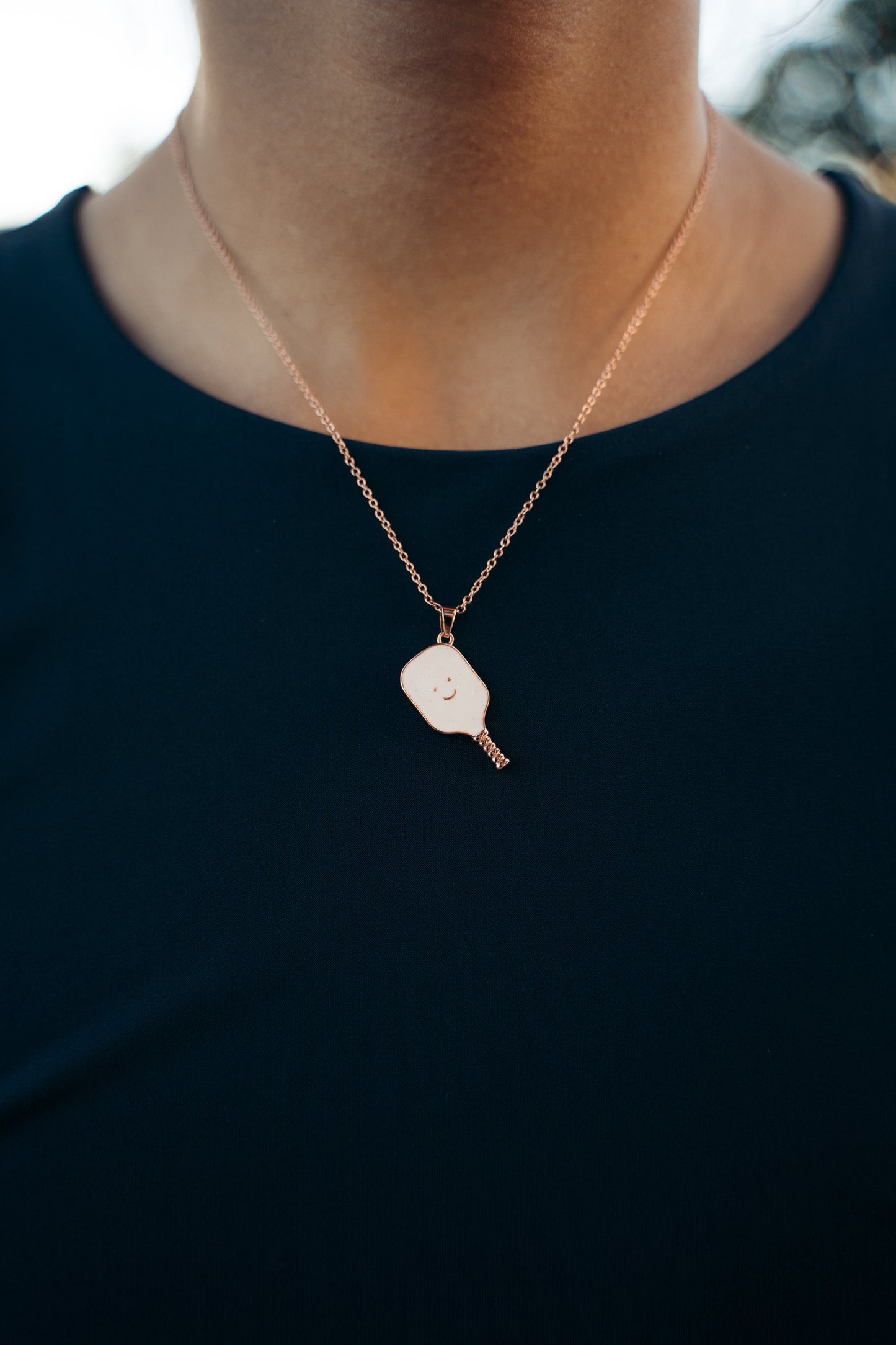 Pickleball Happy Face Necklace in Rose Gold [White]