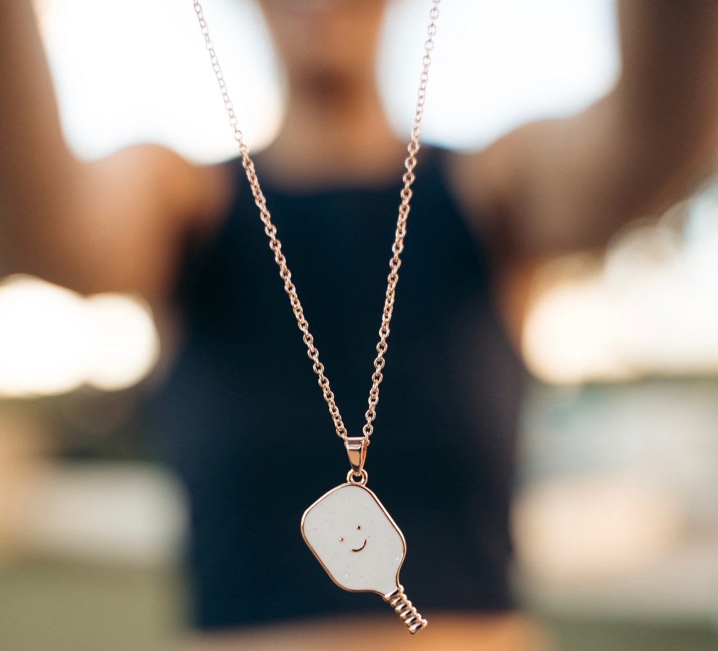 Pickleball Happy Face Necklace in Rose Gold [Glitter Sparkle White]