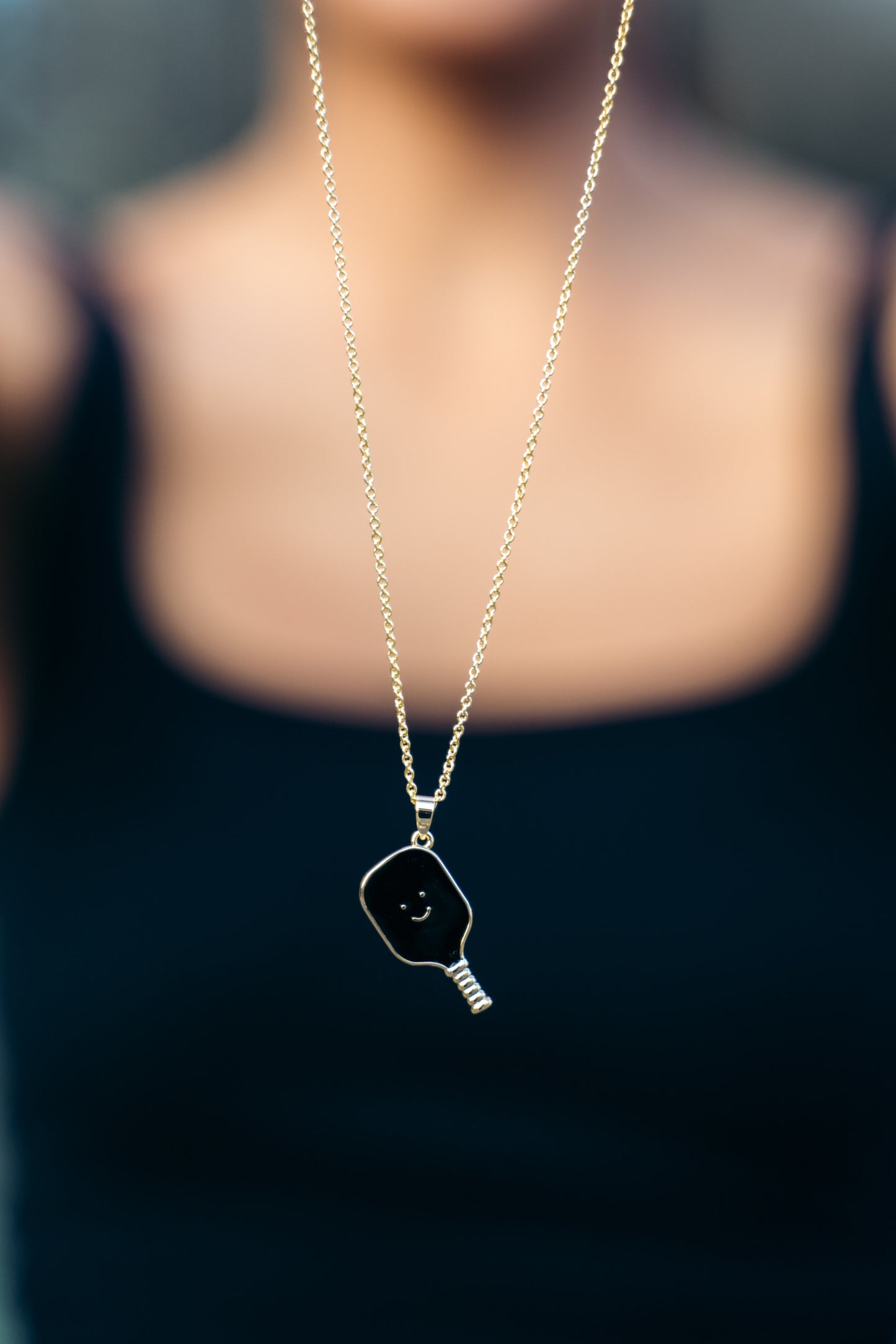 Pickleball Happy Face Necklace in 14k Gold Dipped [Black]